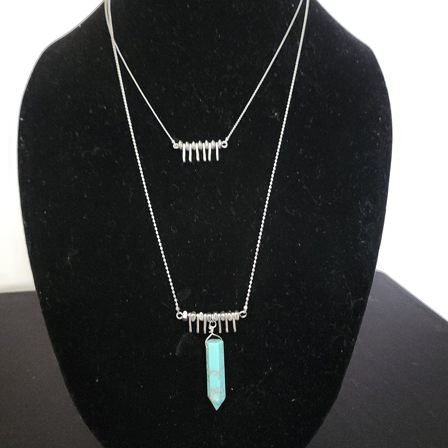 Double Chain Silvertone With Turquoise Pendant