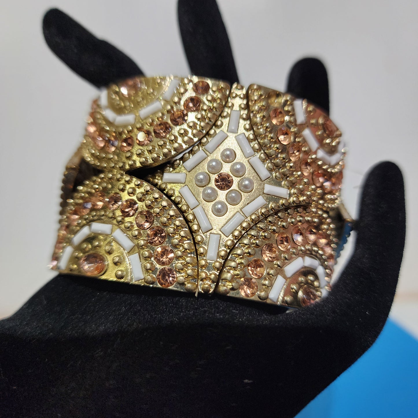 Orange Beaded Rhinestone Cuff Bracelet
