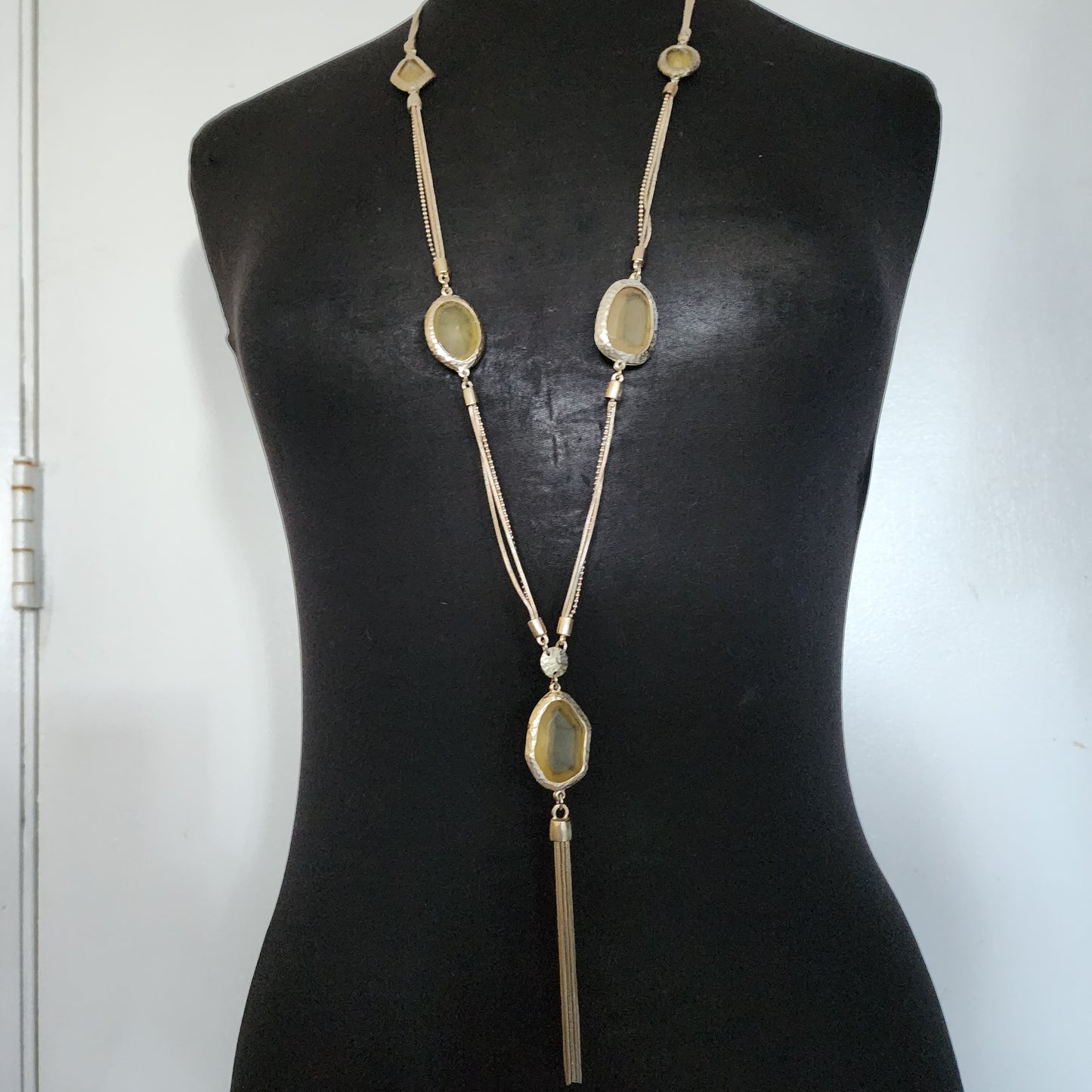 Chicos Long Goldtone And Yellow Faceted Lucite Bezel Necklace With Tassels