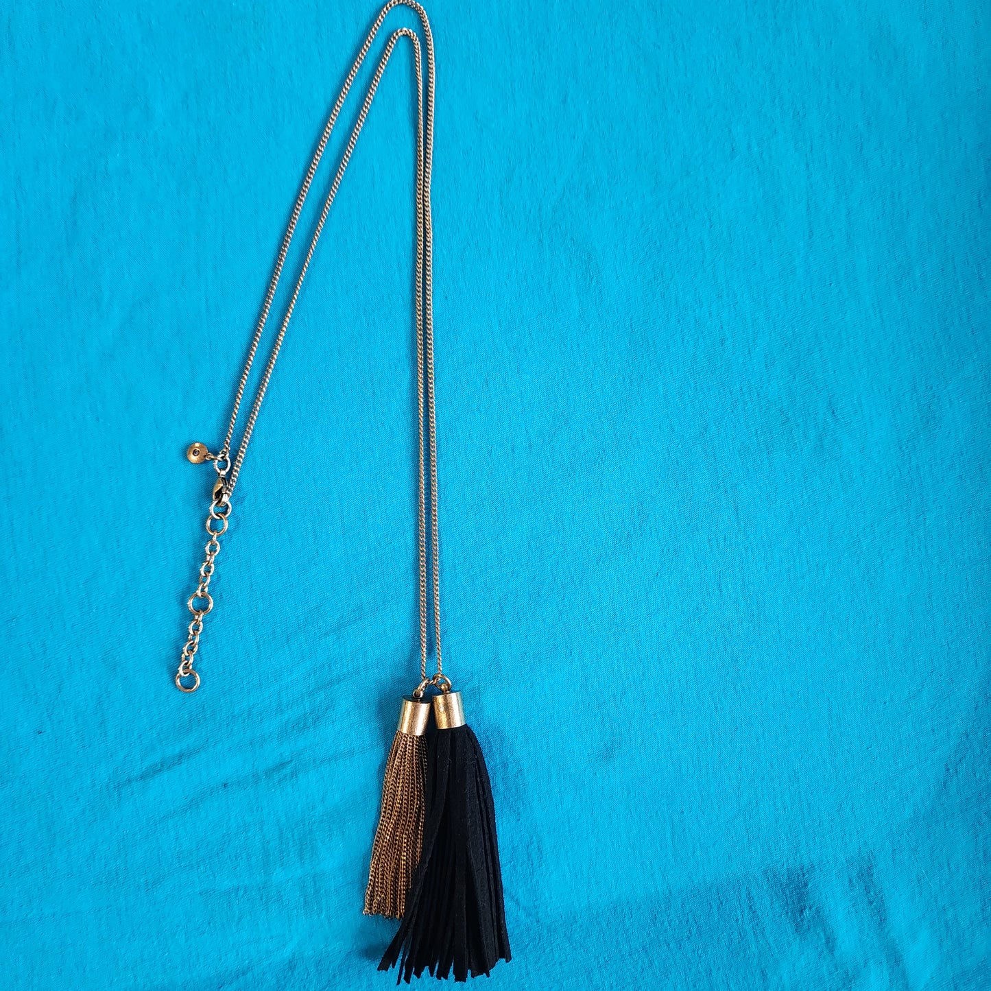 JCrew Black Leather Strips Tassel & Gold Chain Tassel Necklace