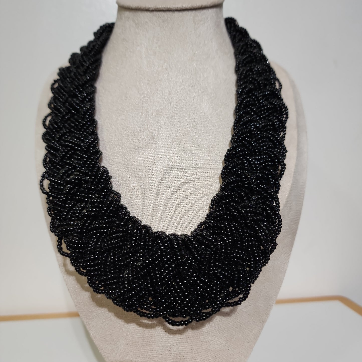 Braided Black Glass Beads Necklace