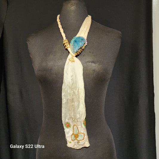 Vintage Embroided Scarf with a Tourmaline Crystal