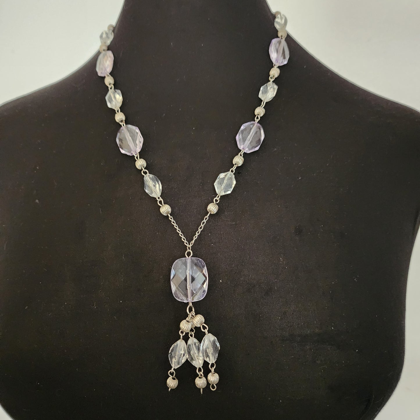 Vintage Silver Tone Clear Beads Necklace