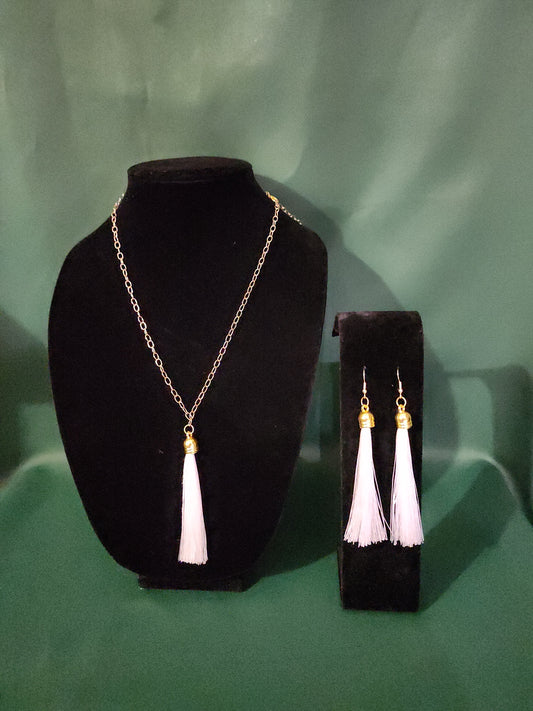 Long White tassel earing and Necklace set